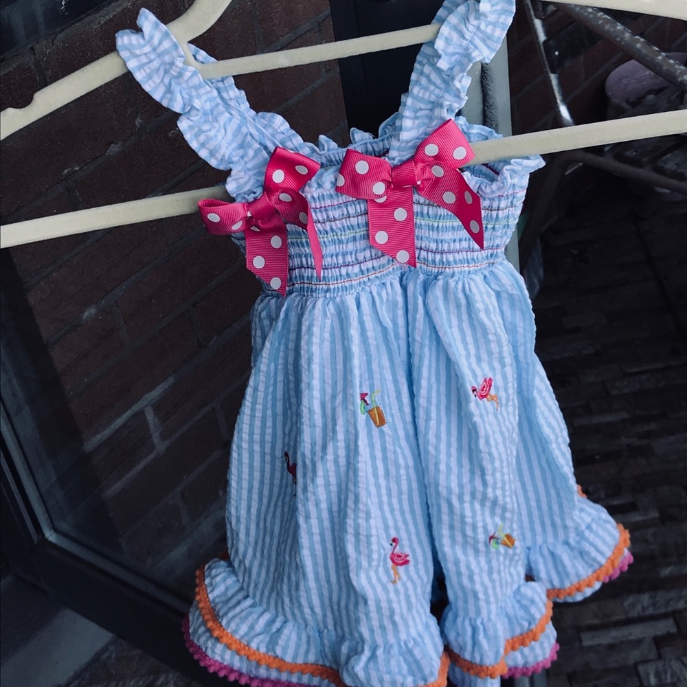 Flamingo Seersucker blue striped NWT with  2 bows